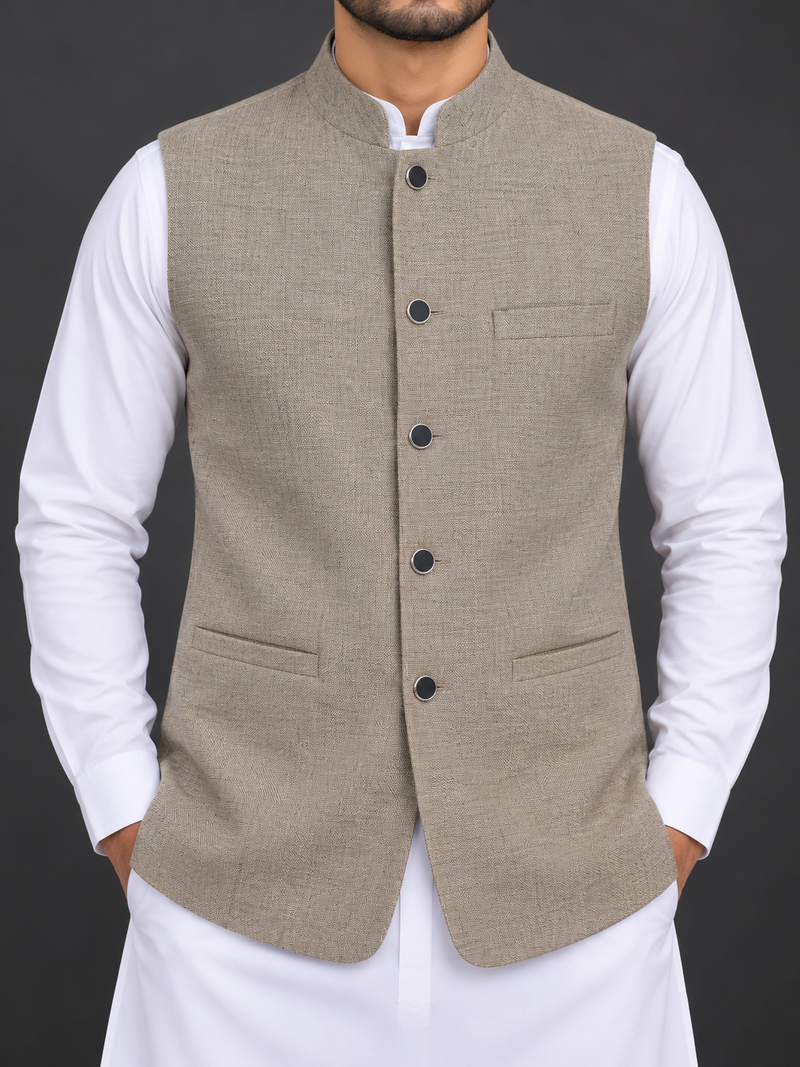Men’s Premium Textured Waistcoat – Beige Taupe | Traditional Formal Wear-M$31