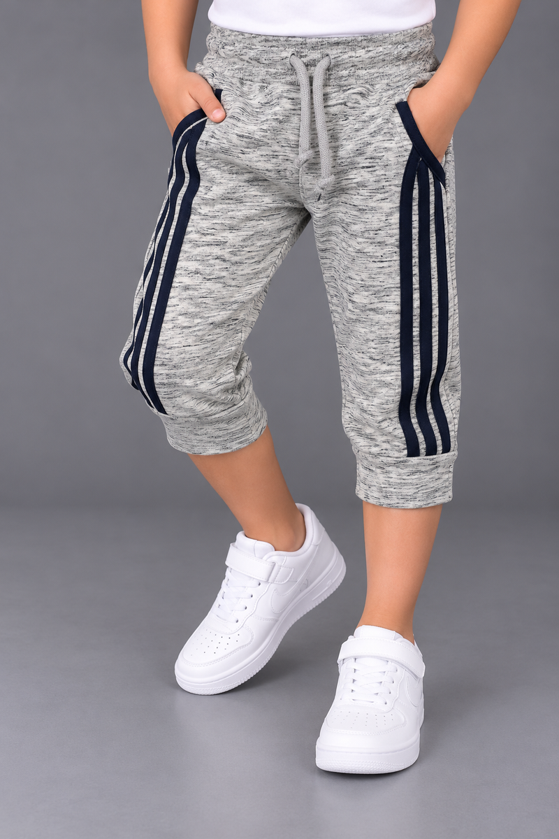 Kids Grey Melange Shorts with Navy Stripes-MU263