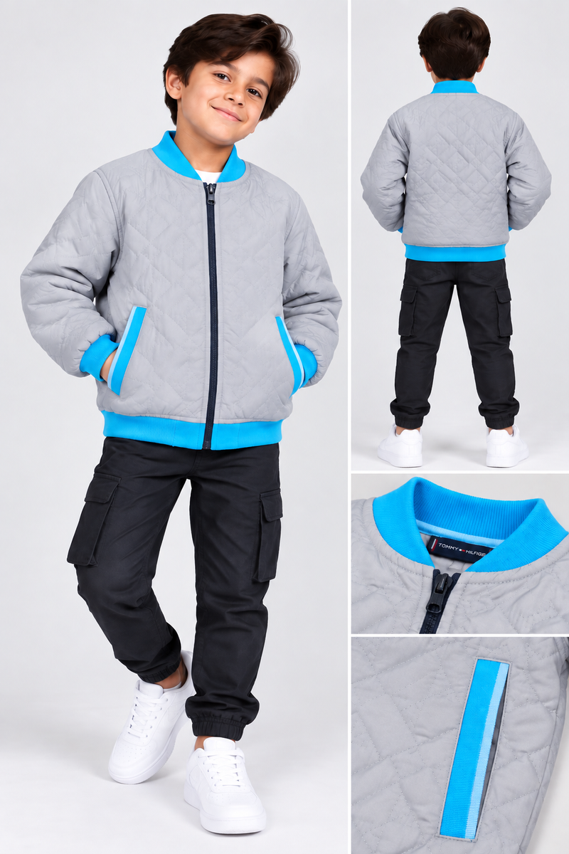 Mango Quilted Zipper Mock Neck Jacket For Kids Dark grey and sky blue with ocen blue penal qw04