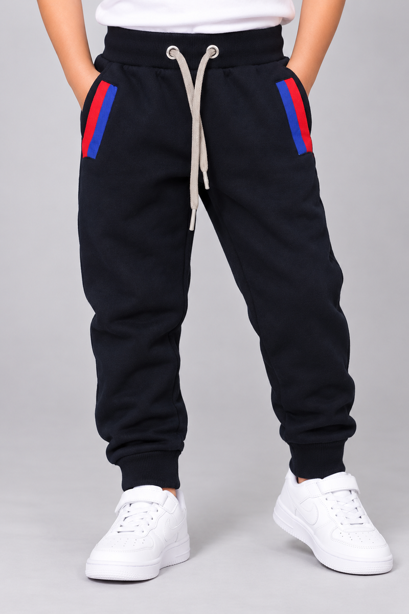 Kids Premium Fleece Jogger Trouser with Contrast Pocket Stripes-Jet Black-MU73