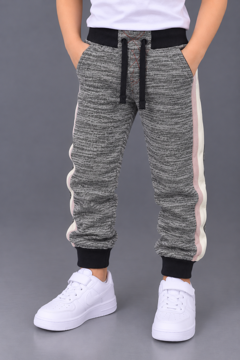Kids Grey Melange Fleece Jogger Trousers with Side Stripe-MU269