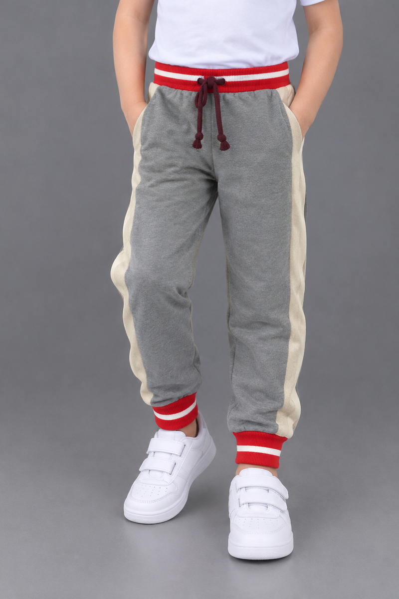 Kids Grey & Cream Side Panel Fleece Trouser with Red Striped Cuffs-MU267