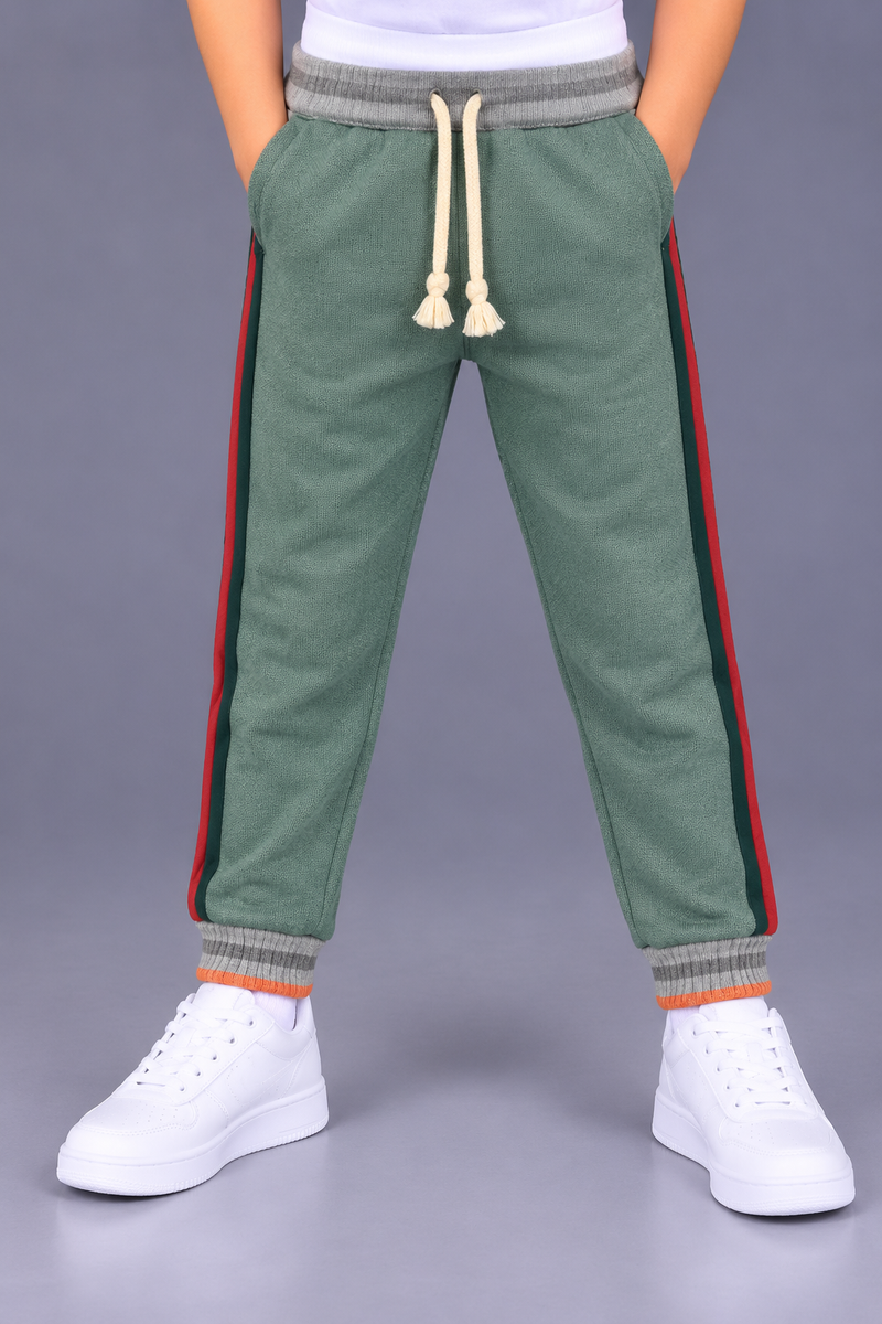 Kids’ Sage Green Jogger Trouser with Red & Dark Green Side Panels – Grey Ribbed Cuffs with Orange Trim-MU182