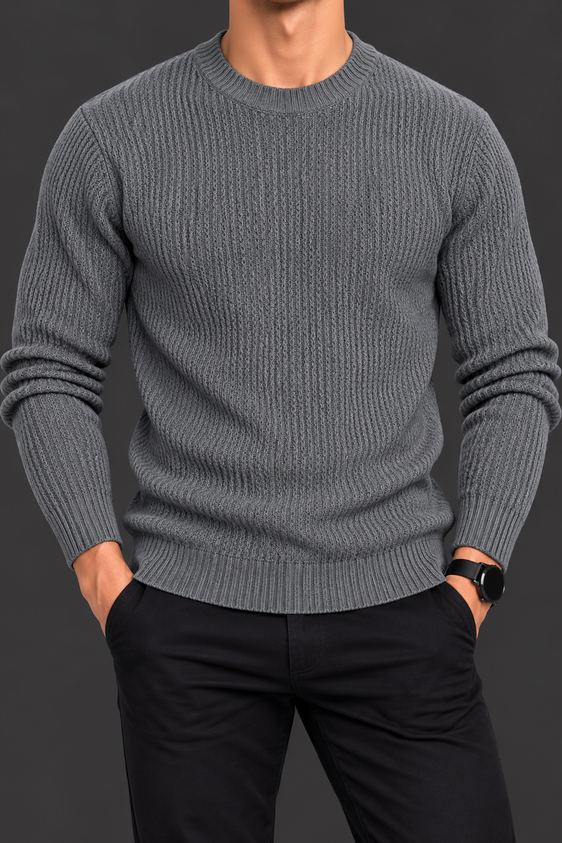 Men’s Charcoal Grey Textured Knit Sweater – Classic Crew Neck Premium Winter Wear-MU357