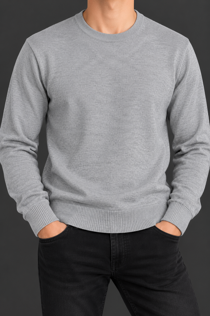 Men’s Light Grey Winter Knit Shirt – Full Sleeve Round Neck Casual Sweater-MU393