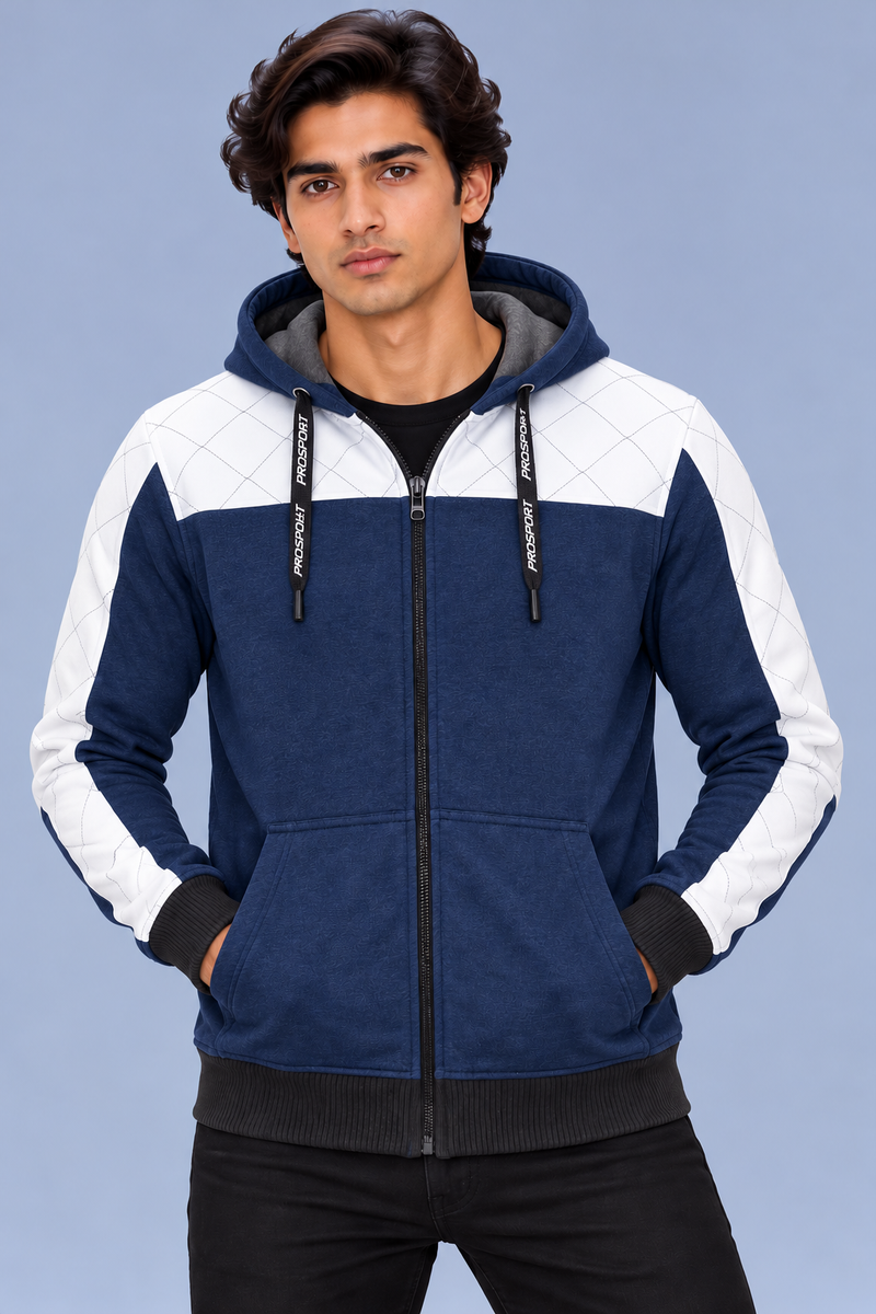 Men’s Navy Blue Hoodie with White Quilted Sleeve Panels-MU295