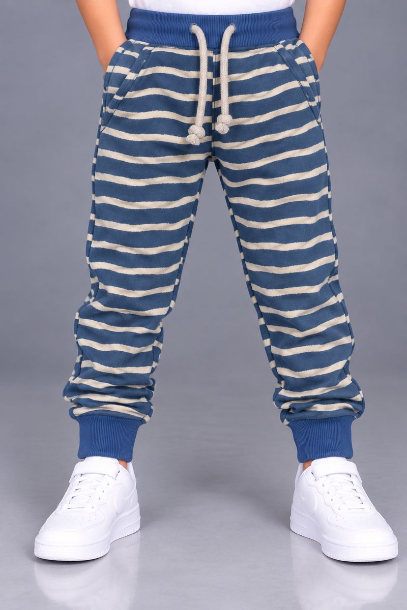 Kids Stylish Blue & Cream Striped Jogger Trouser with Blue Waistband & Ribbed Cuffs-MU129