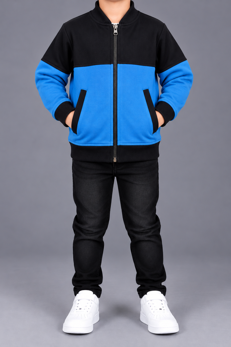Kids Black & Blue Color Block Zipper Jacket-MU433