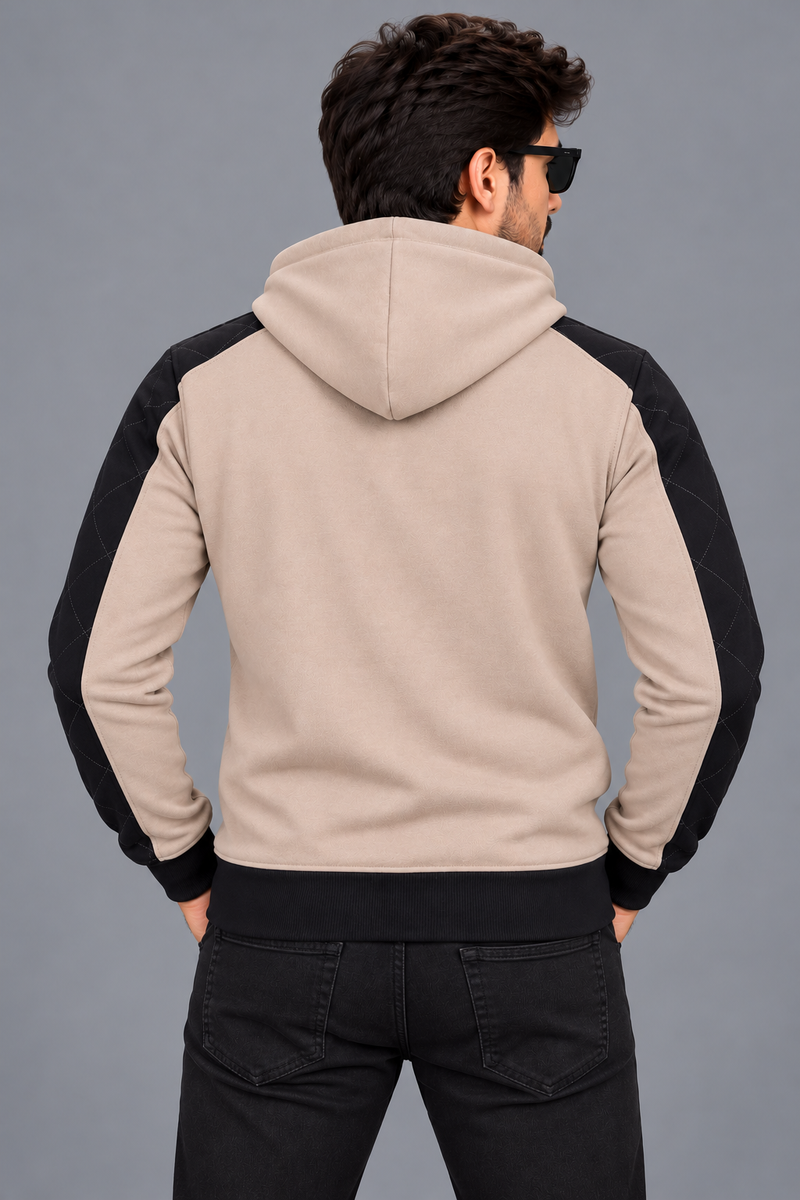 Men’s Beige & Black Quilted Panel Zip-Up Hoodie – Stylish Winter Jacket-MU299