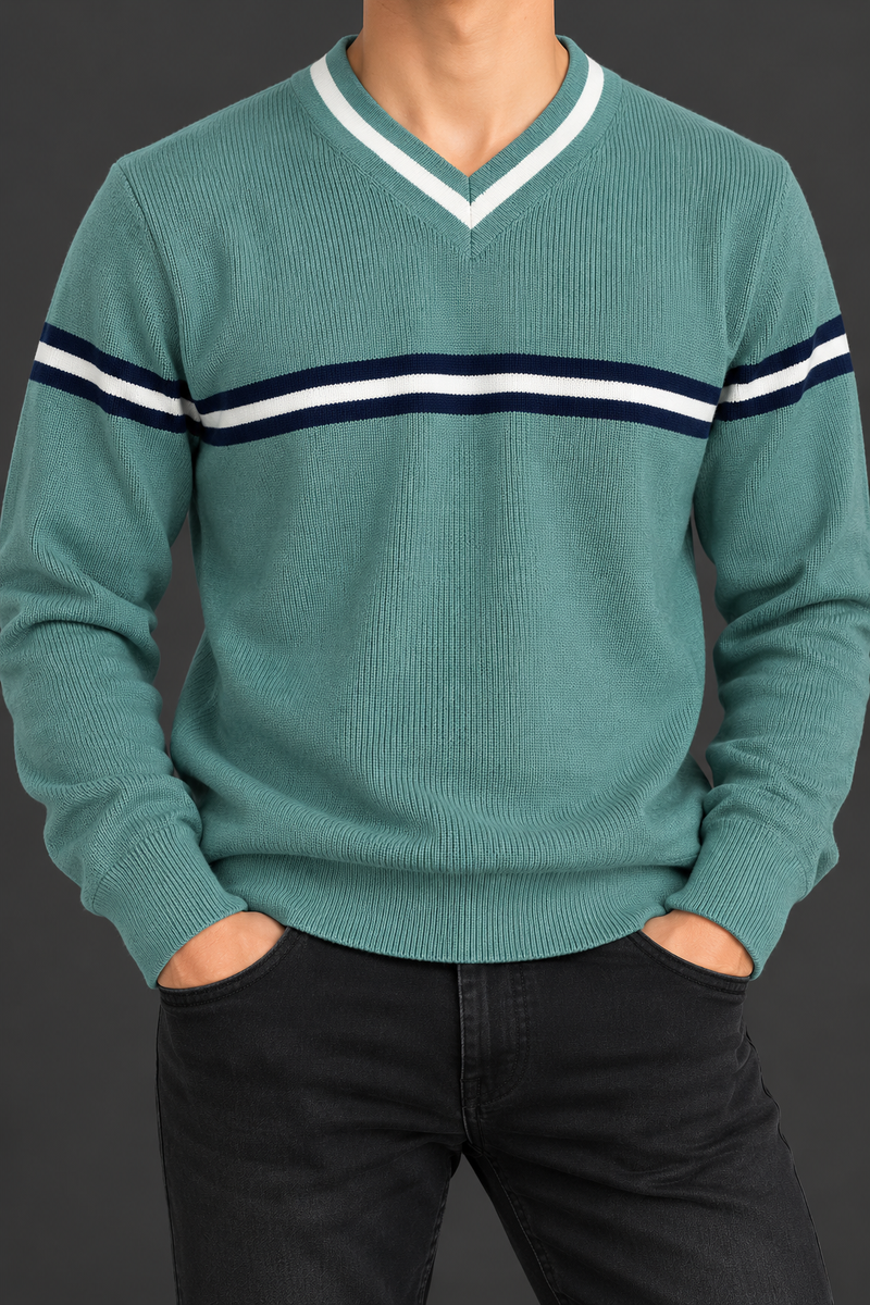 Men’s Teal Green Striped V-Neck Knit Sweater – Full Sleeve Casual Pullover-MU392
