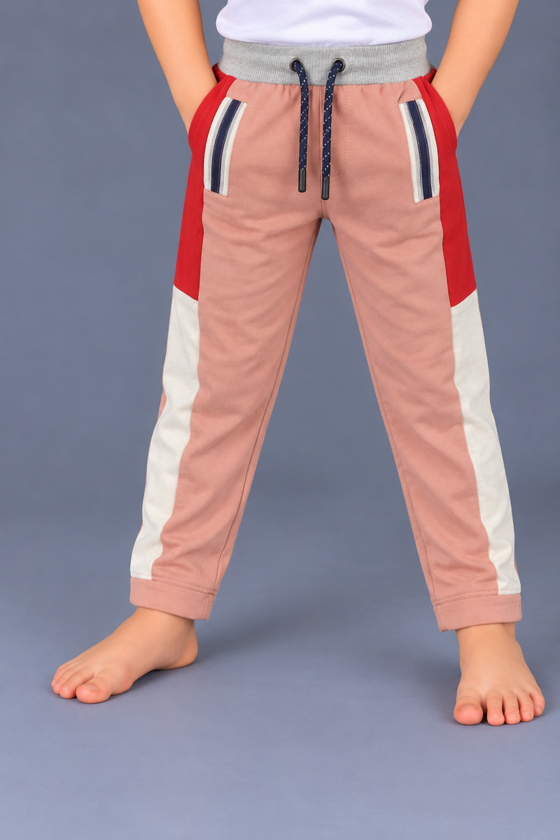 Kids Dusty Pink Color Block Jogger Trouser – Red & Cream Side Panels-MU221