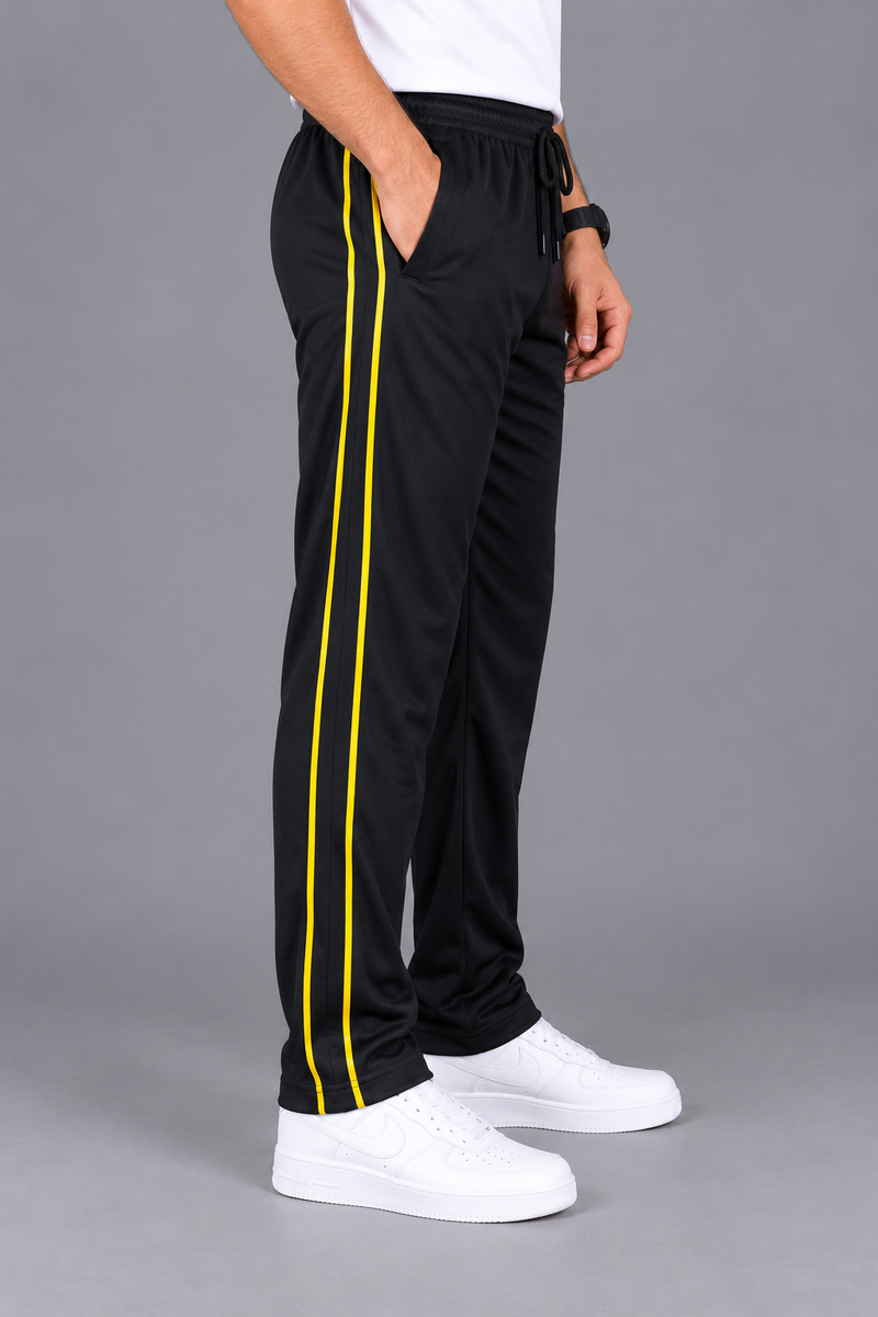 Men’s Black Micro Fleece Track Trouser with Double Yellow Side Piping – Regular Fit-MU346