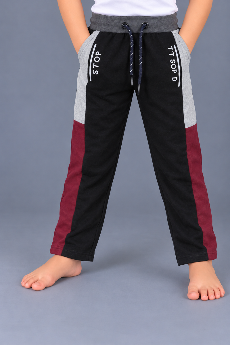 Kids Black  Trouser with Maroon & Light Grey Side Panels – Straight Hem Design-MU218