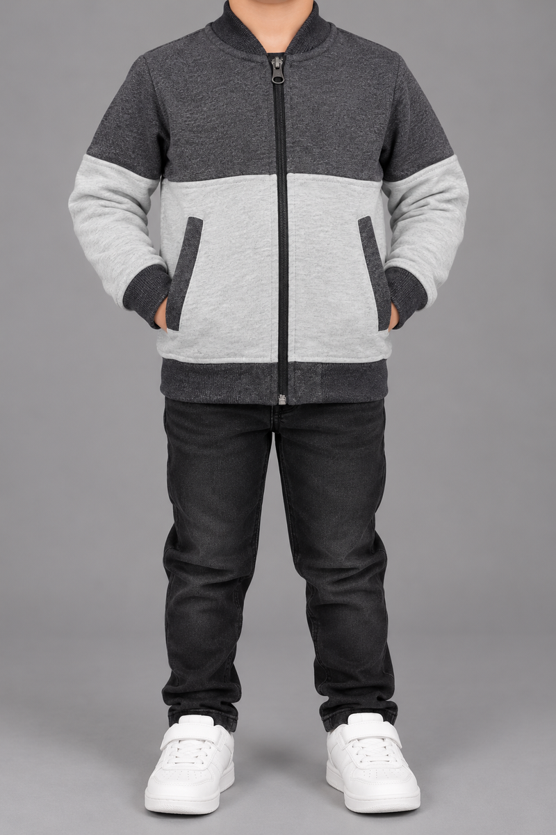 Kids Boys Charcoal Grey & Light Grey Color Block Zipper Jacket-MU423