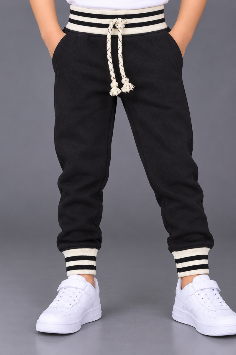 Kids Black Fleece Jogger Trouser with Striped Ribbed Cuffs-MU349