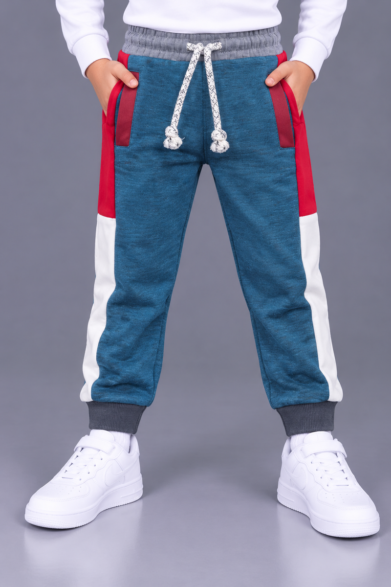 Kids’ Teal Blue Jogger Trouser with Red & White Side Panels – Grey Ribbed Cuffs & Drawstring Waist-MU189