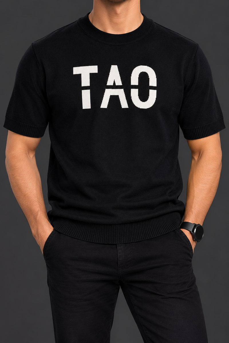 Men’s Jet Black Half-Sleeve Knitted T-Shirt with White TAO Graphic – Premium Casual Wear-MU355