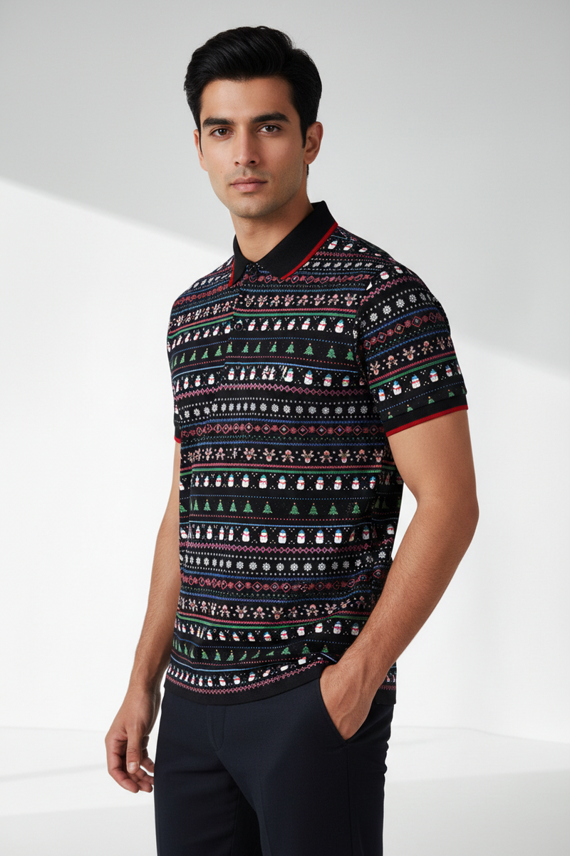 NXT Single Jersey Half Sleeve Polo For Men-Black with Allover Print-BE895/BR13150