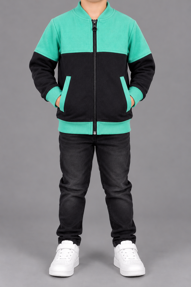 Kids Boys Mint Green & Black Color Block Zipper Jacket-MU424