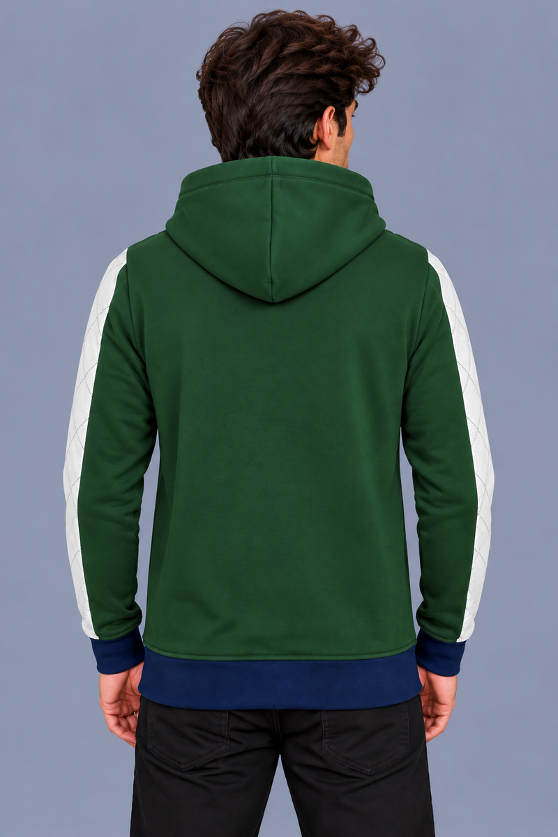 Premium Forest Green & White Quilted Color Block Zip-Up Hoodie-Deep Forest Green-MU33