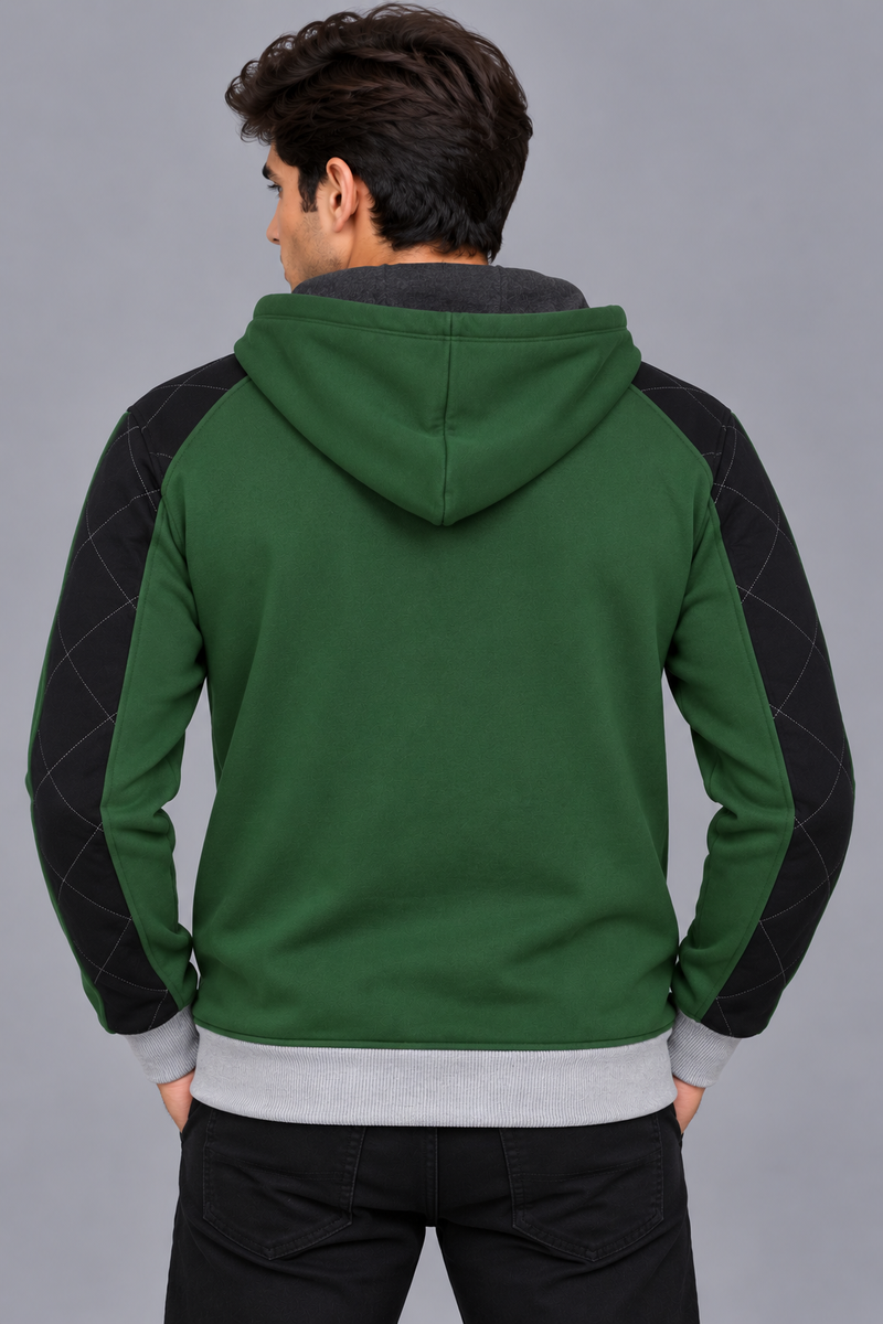 Premium Dark Green Color Block Quilted Zip-Up Hoodie Jacket-Deep Green-MU31