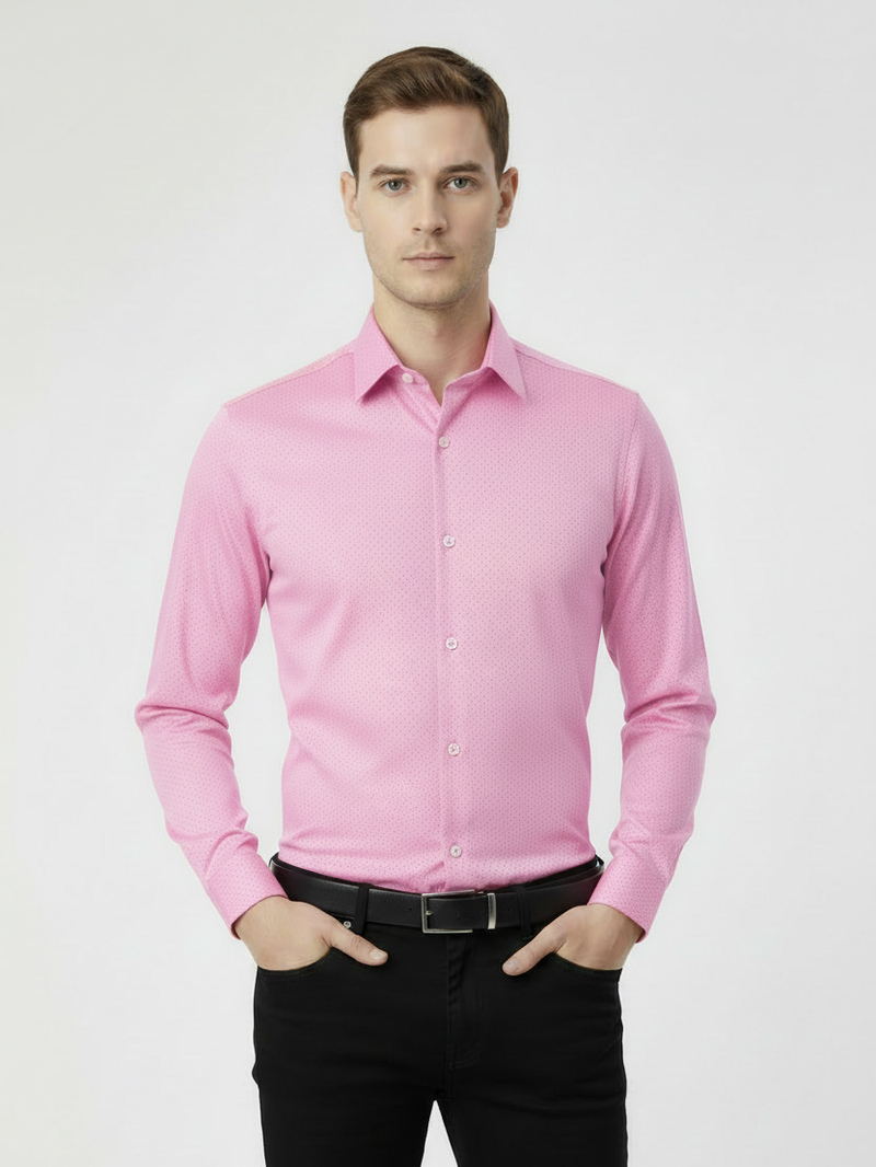 Rawgear 4 Side Lycra Slim Fit Long Sleeve Casual Shirt For Men-Pink With Dots-RG07