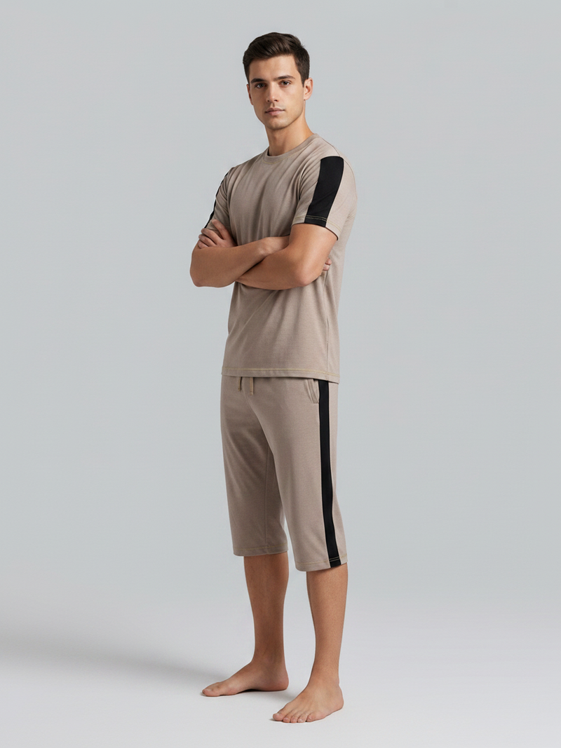 Summer Co Ord Set For Men-Light Brown Melange-BE6043