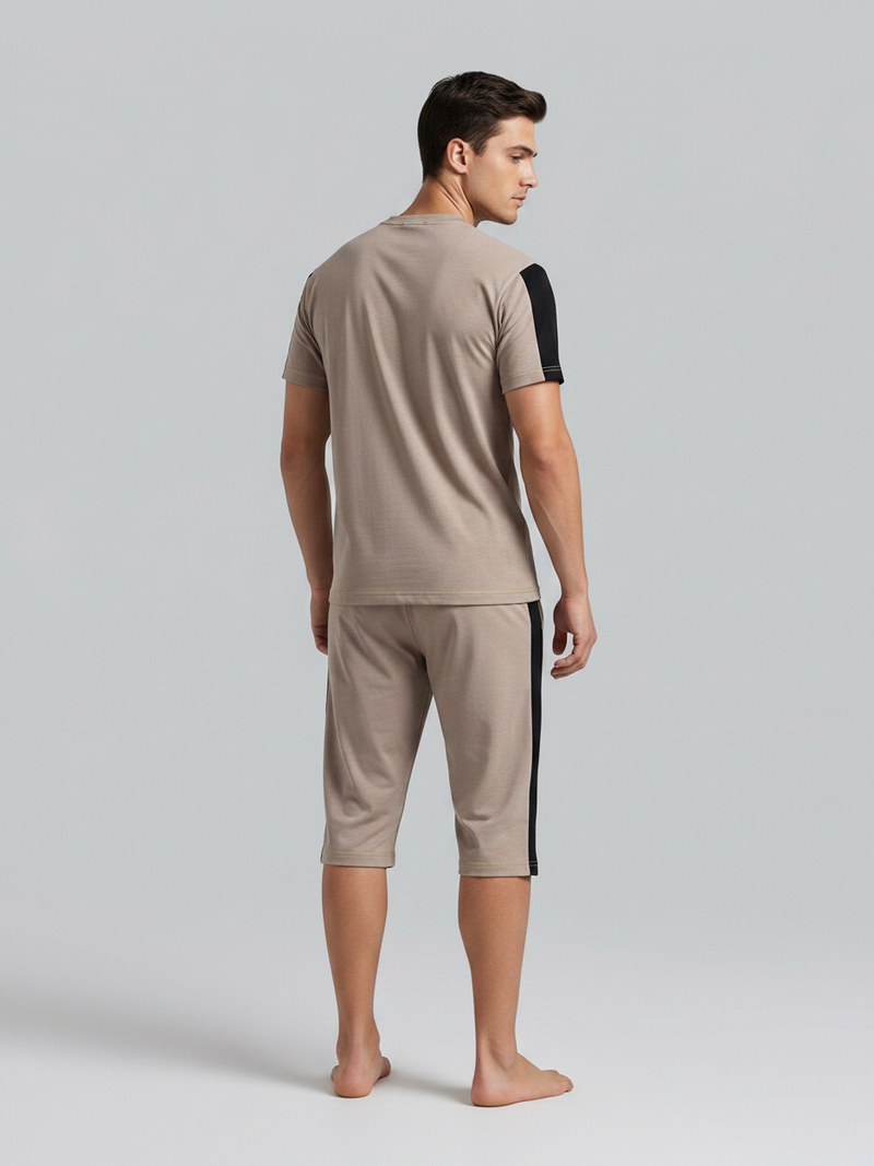 Summer Co Ord Set For Men-Light Brown Melange-BE6043
