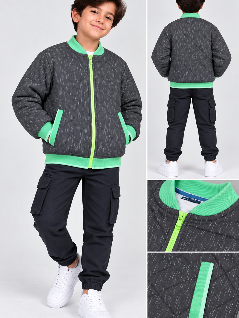 Mango Quilted Zipper Mock Neck Jacket For Kids grey mélange with green panel qw03