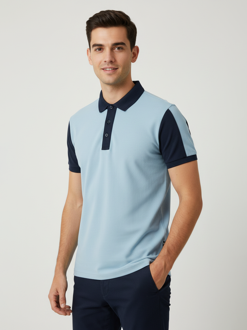 Summer Polo Shirt For Men-Bright Blue & Dark Navy-RT2374