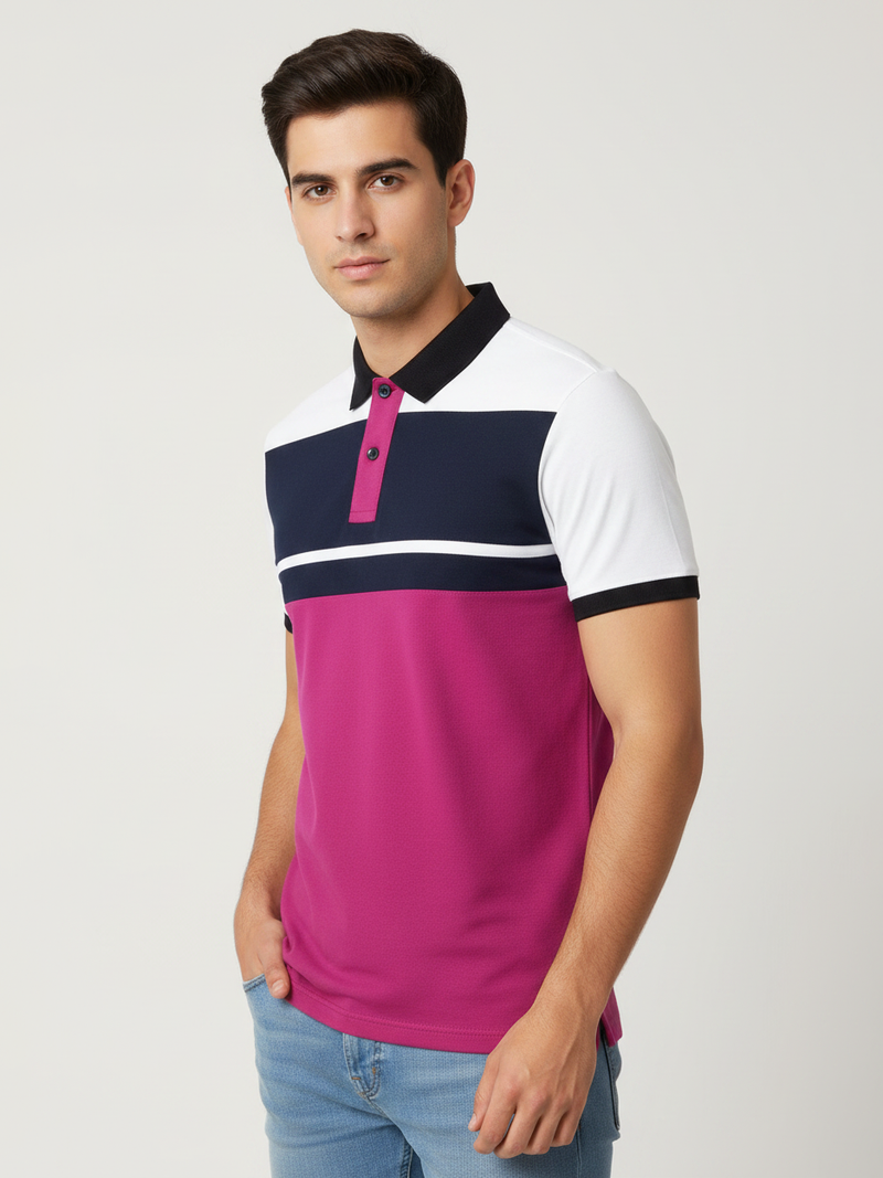 Summer Polo Shirt For Men-Magenta with Navy & White Panel-BR13112