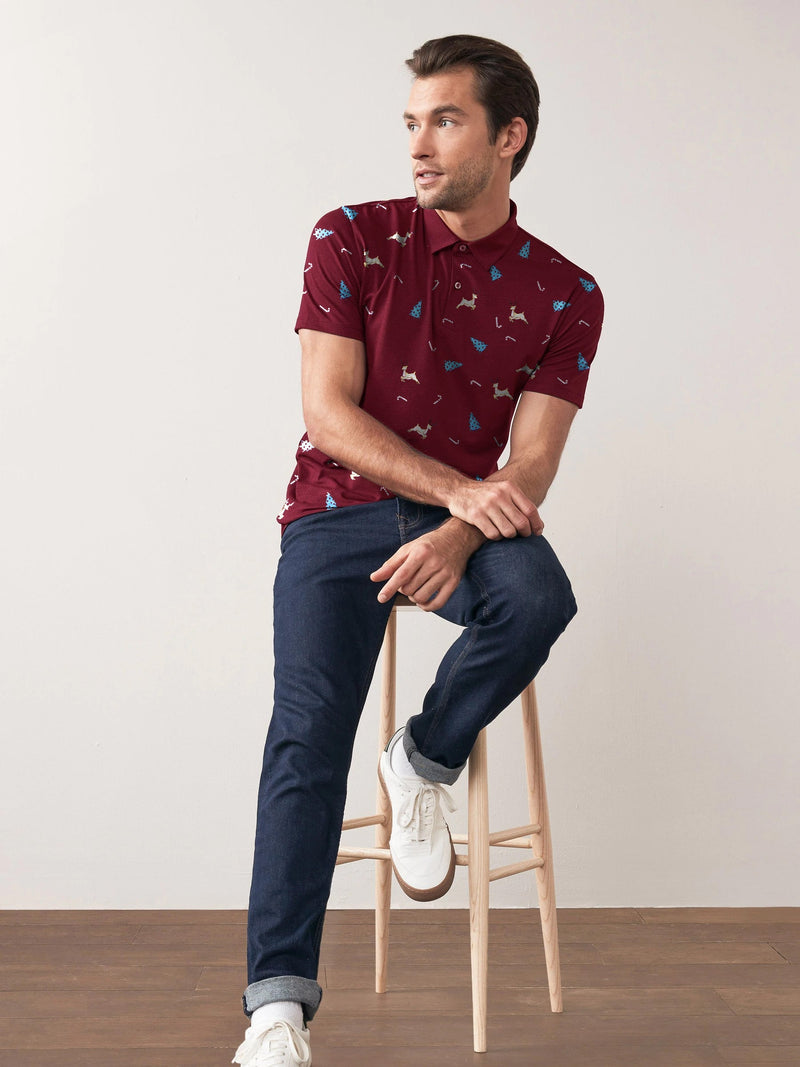 Next Single Jersey Half Sleeve Polo For Men-Dark Red with Allover Print-RT811