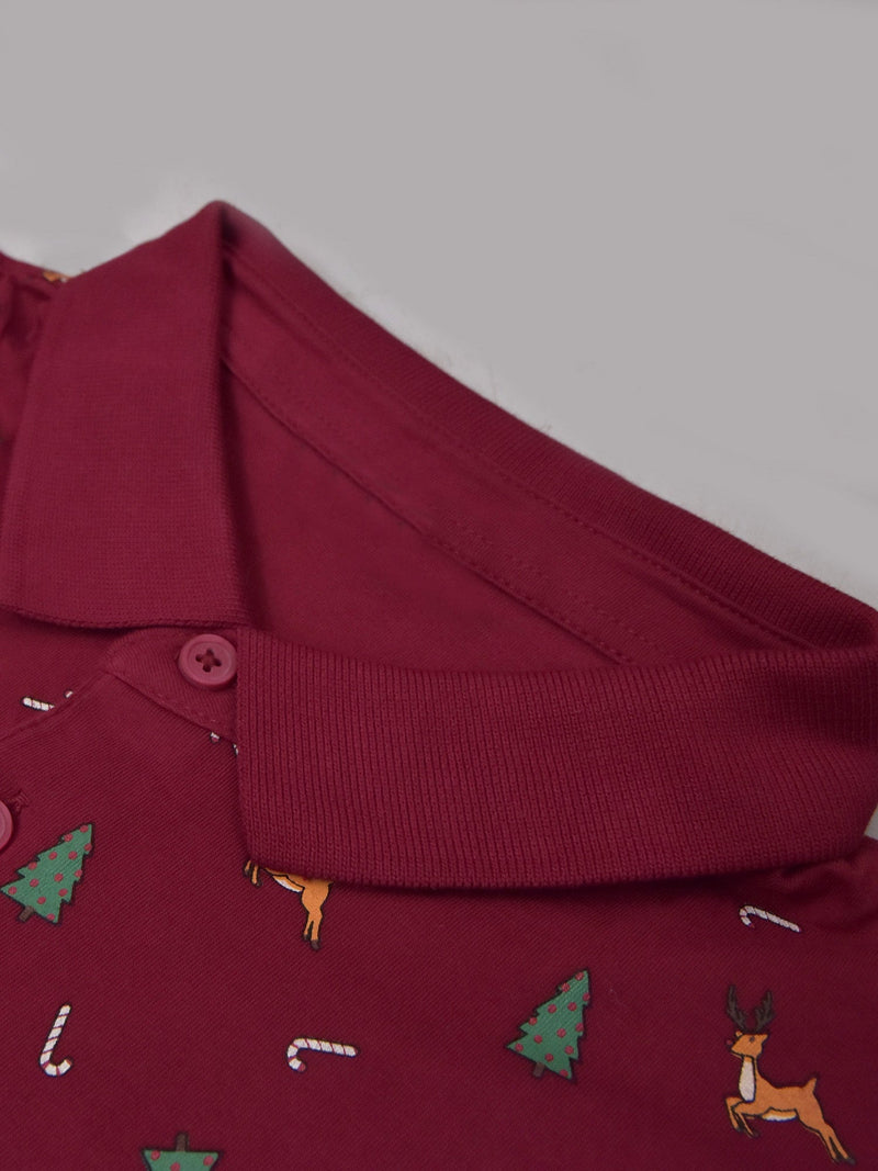 Next Single Jersey Half Sleeve Polo For Men-Dark Red with Allover Print-RT811