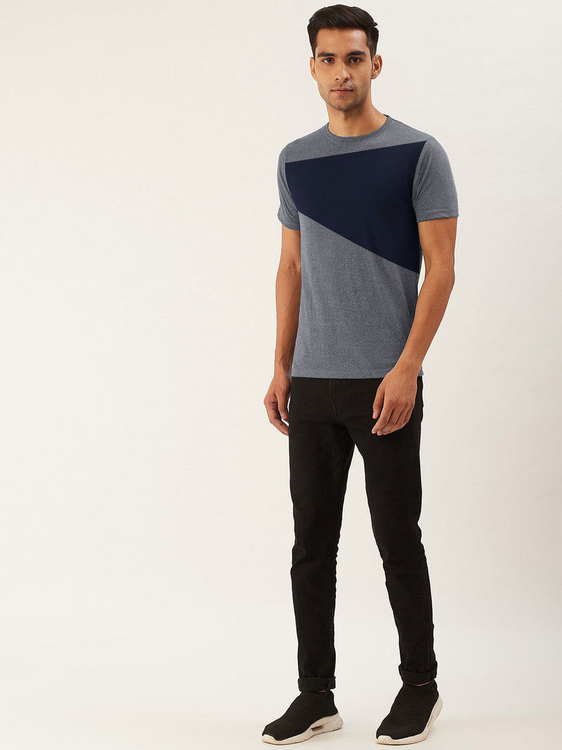 Celebrate Single Jersey Crew Neck Tee Shirt For Men-Charcoal Melange & Navy Panel-BR13212