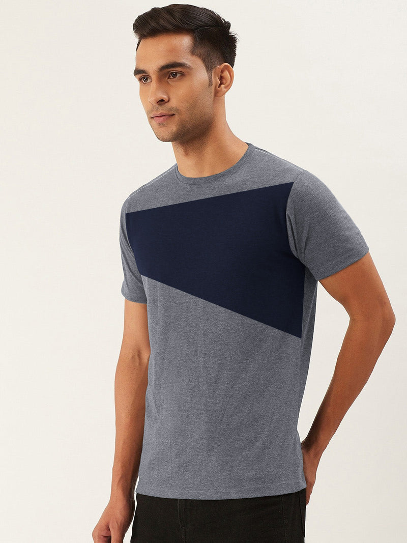 Celebrate Single Jersey Crew Neck Tee Shirt For Men-Charcoal Melange & Navy Panel-BR13212
