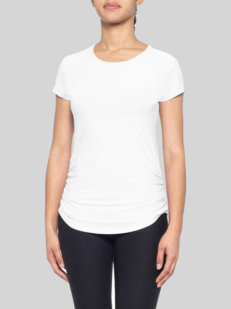 Miss Popular Viscose Crew Neck Ruched Side Tee Shirt For Women-White-BR07