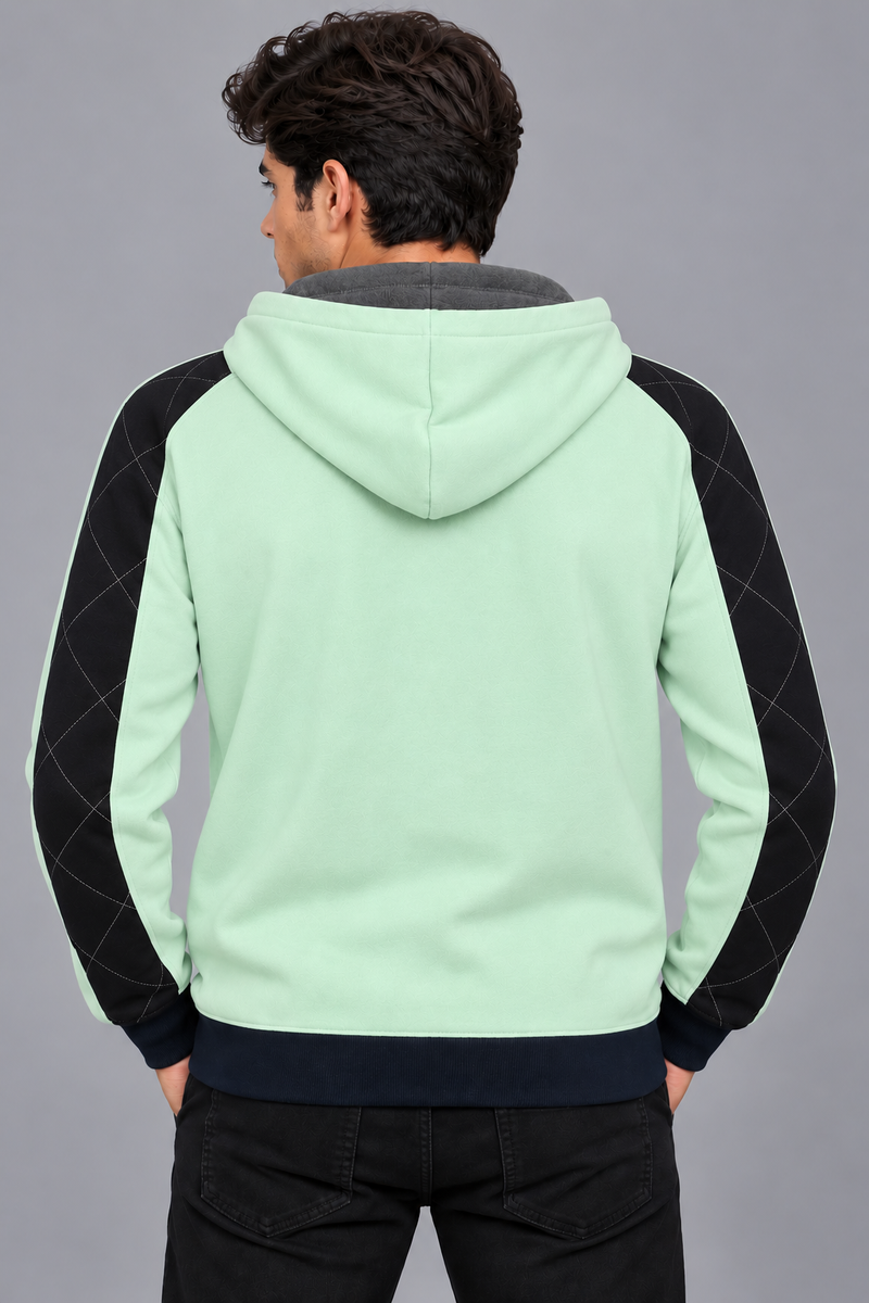 Premium Color Block Quilted Zip-Up Hoodie Jacket-Pastel Mint Green-MU30