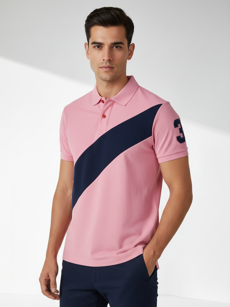 Summer Polo Shirt For Men-Pink Faded with Navy Panel-BR13155