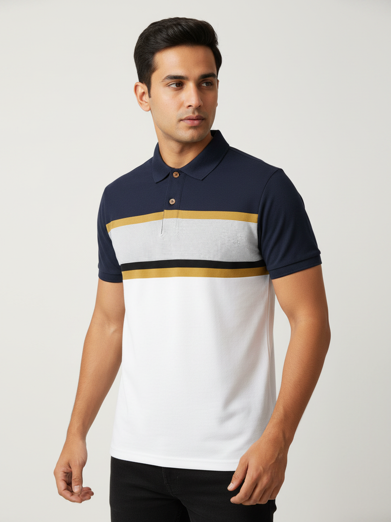 Cxly Half Sleeve Polo For Men-Navy with White & Stripe-BR13158