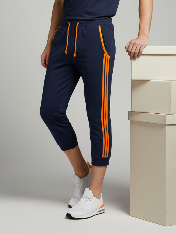 Summer Jersey Terry Slim Fit Bermuda Short For Men-Dark Navy With Orange Stripes-BS02