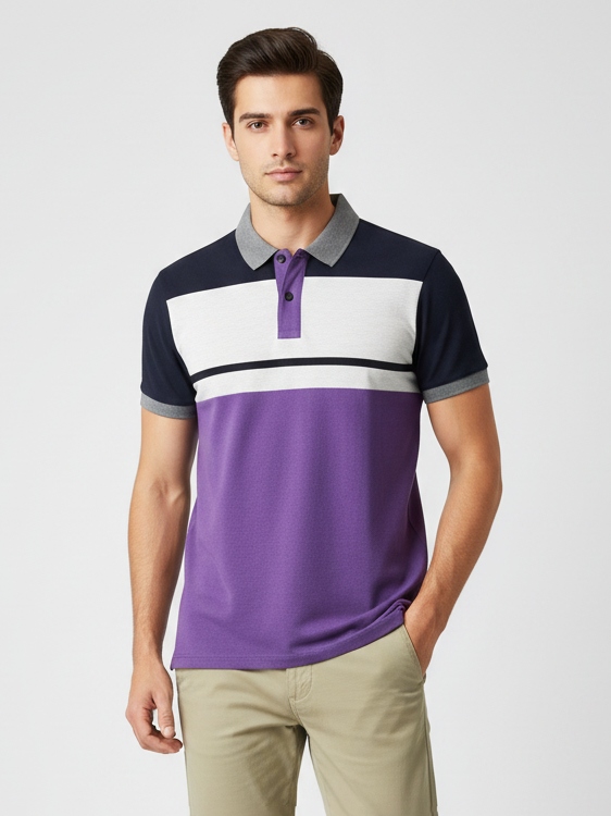 Summer Polo Shirt For Men-Purple with Navy & White Panel-BR13121