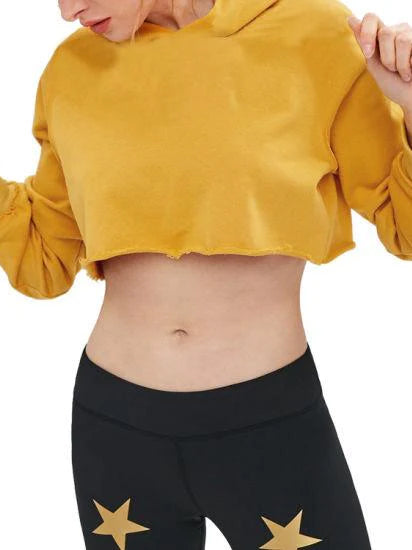 Popular Sports Long Sleeve Crop Hooded Tee Shirt For Women-Yellow-BR13682