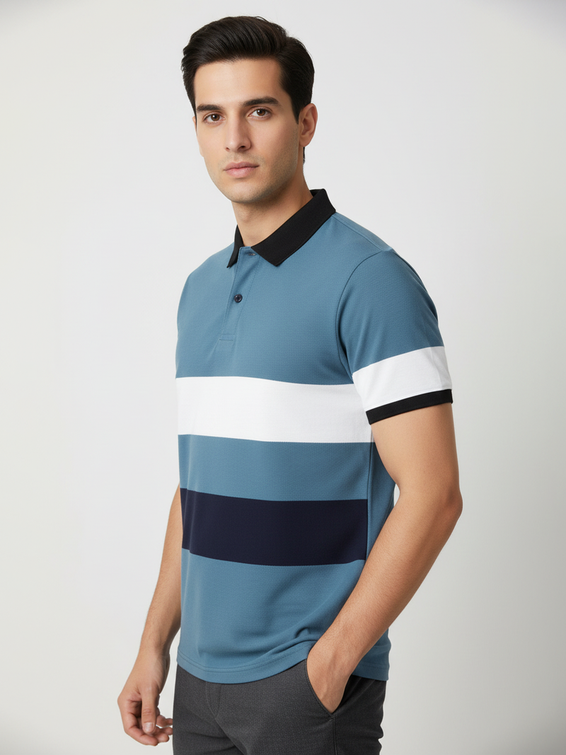 Summer Polo Shirt For Men-Slate Blue with White & Navy Panel-BR13111