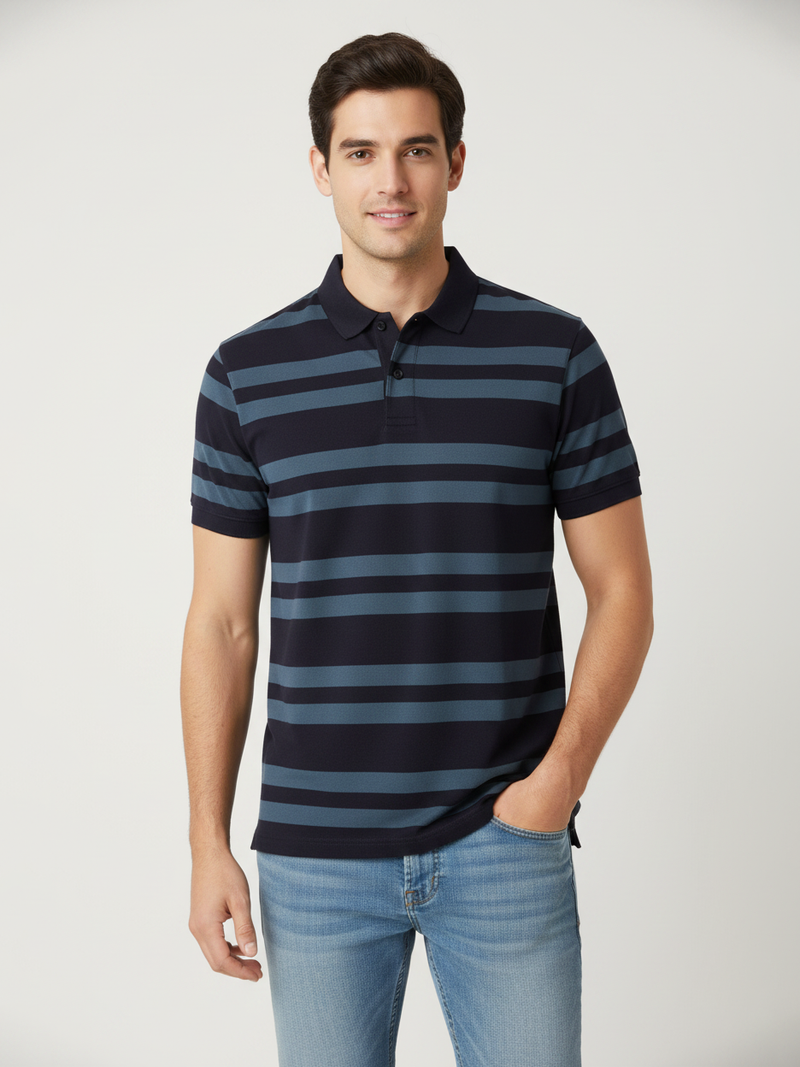 Banana Republic Short Sleeve P.Q Polo Shirt For Men-Indigo with Blond Blue Stripe-BR13133