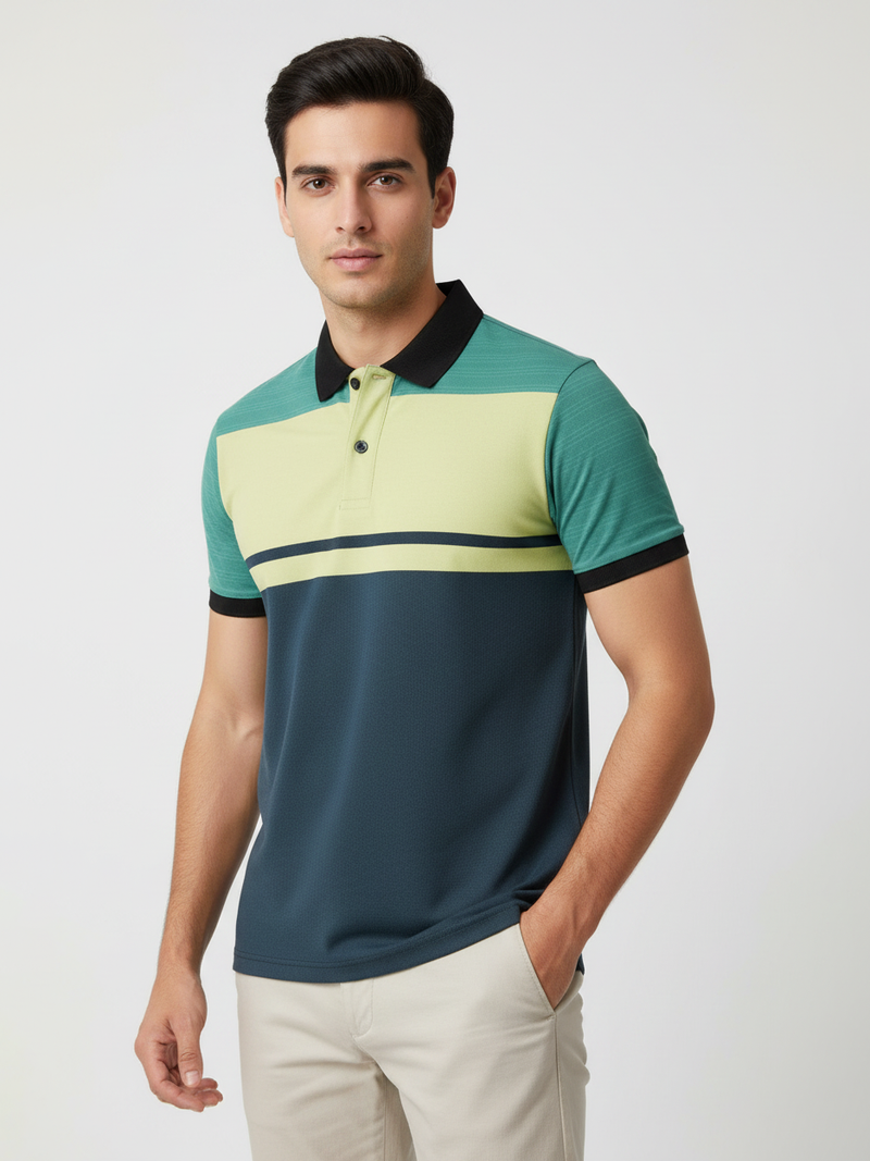 Summer Polo Shirt For Men-Navy Melange with Yellow & Cyan Green-RT2384