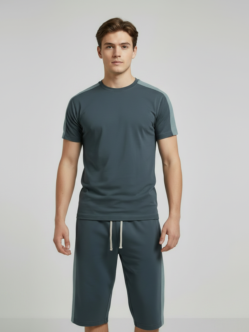 Summer Co Ord Set For Men-Dark Grey & Light Grey Panel-BE4600