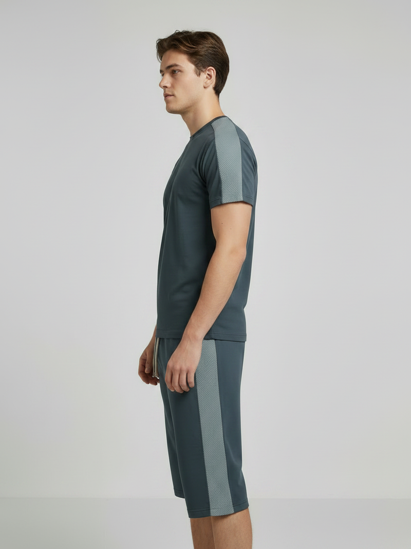 Summer Co Ord Set For Men-Dark Grey & Light Grey Panel-BE4600