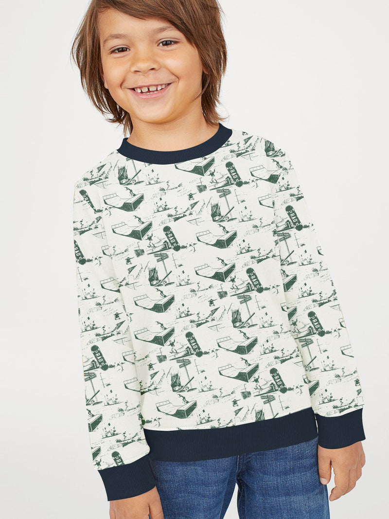 Tommy Hilfiger Fleece Crew Neck Sweatshirt For Kids-Off White Melange with Allover Print-BR14717