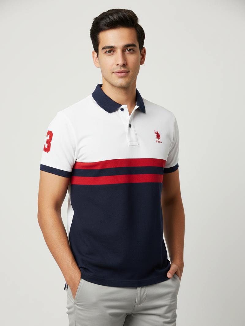 U.S Polo Assn. Summer Polo Shirt For Men-White with Navy & Red Panel-BR13118