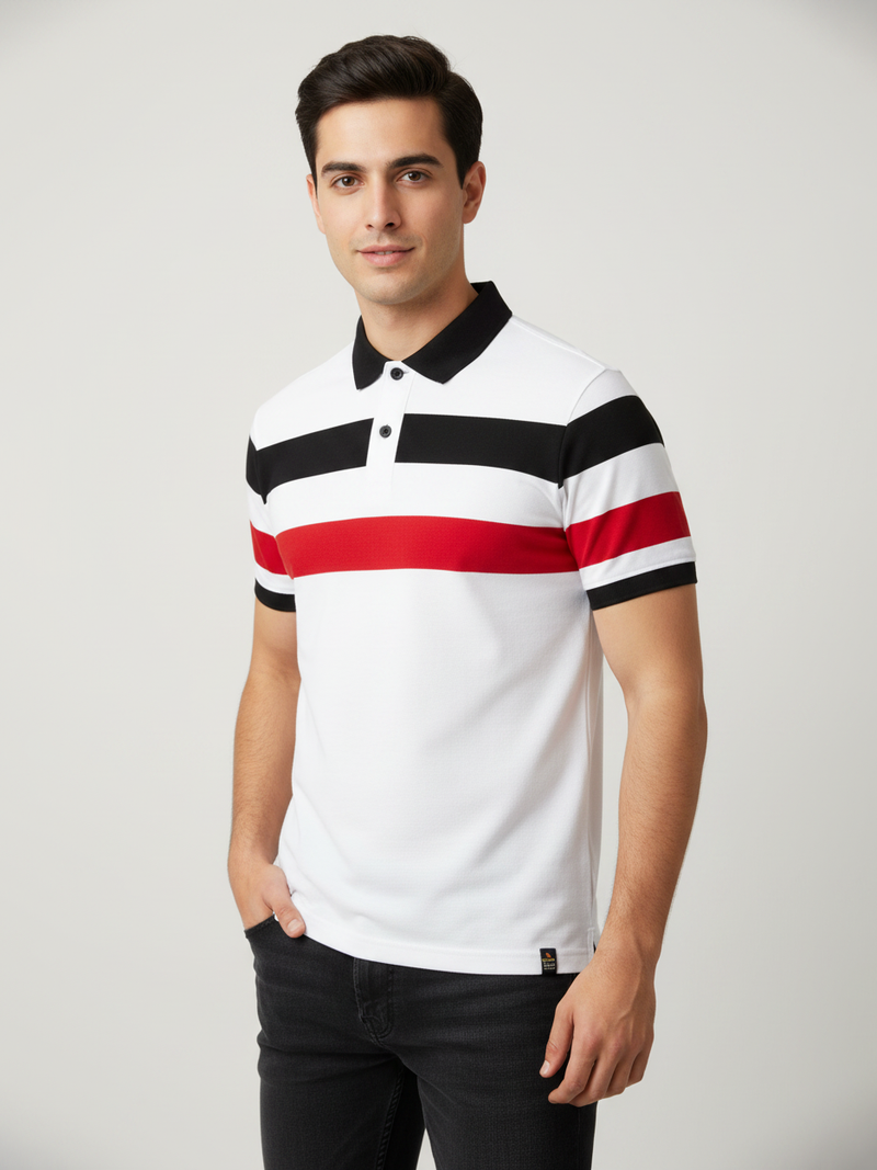 PRL Summer Polo Shirt For Men-White with Red & Black Panel-BR13107
